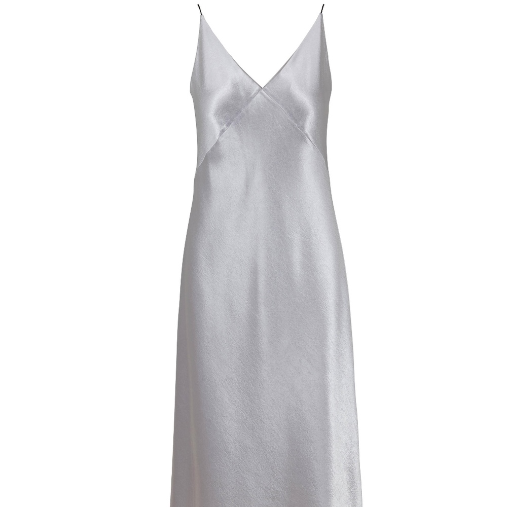 Vince Metallic Silver Satin V-Neck Midi Slip Dress